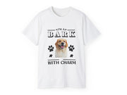 a white t - shirt with an image of a dog's face and paw