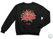 a black sweatshirt with a bouquet of roses on it