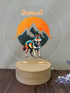 a wooden stand with a picture of a wolf on it