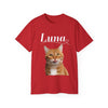 a red t - shirt with a picture of a cat on it