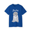 a blue t - shirt with a drawing of a dog on it