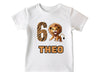 a white t - shirt with a lion and the number six on it