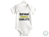 a white bodysuit with the words birthday sparkle charlotte on it