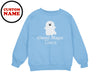 a blue sweatshirt with a white ghost on it