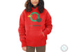 a young girl wearing a red hoodie with a green bird on it