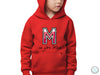 a young boy wearing a red hoodie with the letter m on it