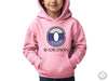 a young boy wearing a pink hoodie with the word is for own on it