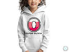 a young girl wearing a white hoodie with the letter o on it