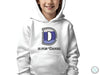 a young boy wearing a white hoodie with the letter d on it