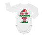 a white bodysuit with the words elf in training zoo on it