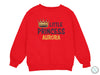 a red sweatshirt with the words little princess aurora printed on it