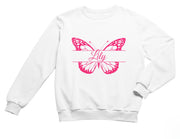 a white sweatshirt with a pink butterfly on it