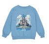 a blue sweatshirt with a castle on it