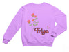 a purple sweatshirt with a picture of a flower and the name friya on it