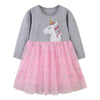 SkipStars Full Sleeve Unicorn Pattern Girls Dress, Grey