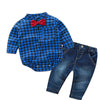 BLUE CHECK PATTERN SHORT LEG ROMPER WITH BOW TIE & BLUE JEANS PANTS - SkipStars