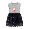 Short Sleeve Colorful Unicorn & Gold Stars Pattern Girls Dress in Grey  | Toddler Kid Baby Girl Dress Gift Princess Girl Dresses Clothing