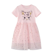 Robe d'été rose à manches courtes avec motif de petite princesse chat