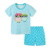 Ensemble 2 pièces t-shirt et short bleu à manches courtes pour toute-petite fille motif hibou mignon