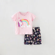 Ensemble 2 pièces t-shirt et short licorne arc-en-ciel à manches courtes pour toute-petite fille